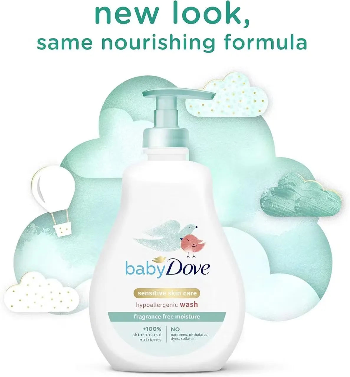 Close-up photo of a white Dove Baby Head to Toe Wash bottle (200ml) with blue accents and a baby image. Gentle bubbles rising from the bottle.