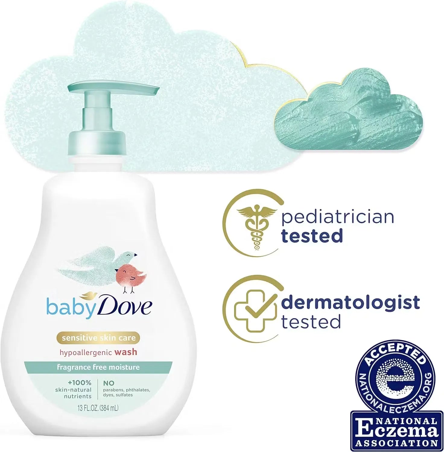 Close-up photo of a white Dove Baby Head to Toe Wash bottle (200ml) with blue accents and a baby image. Gentle bubbles rising from the bottle.
