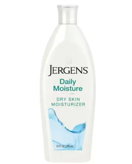 A hand pumps blue Jergens Daily Moisture lotion (400ml) onto another hand, showcasing the smooth texture and inviting scent.