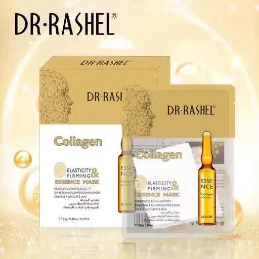 Box of Dr. Rashel Collagen Essence Masks (5 x 25g) with a luxurious, elegant design. Close-up of one mask featuring a woman with youthful, glowing skin.