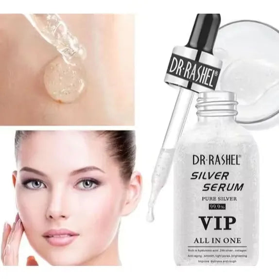 Close-up of a silver bottle with blue label and dropper dispenser, labeled "Dr. Rashel Silver Serum 99.99% Pure Silver VIP All-In-One Skincare - 50ml." Droplets of serum falling onto a person's hand.