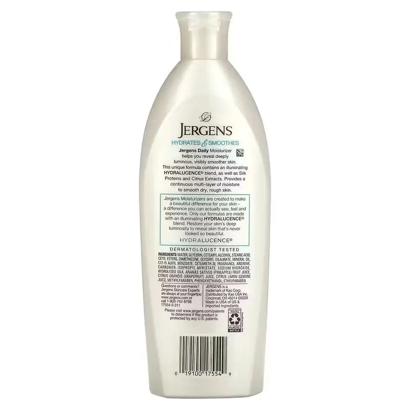 A hand pumps blue Jergens Daily Moisture lotion (400ml) onto another hand, showcasing the smooth texture and inviting scent.