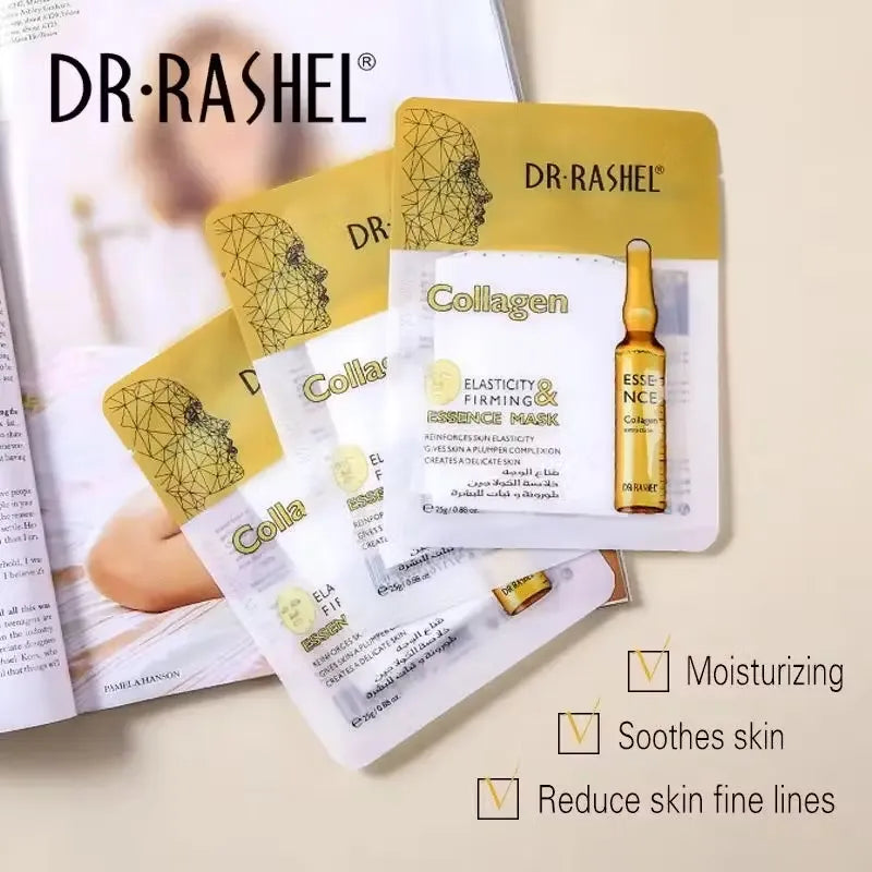 Box of Dr. Rashel Collagen Essence Masks (5 x 25g) with a luxurious, elegant design. Close-up of one mask featuring a woman with youthful, glowing skin.
