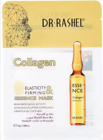 Box of Dr. Rashel Collagen Essence Masks (5 x 25g) with a luxurious, elegant design. Close-up of one mask featuring a woman with youthful, glowing skin.