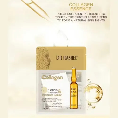 Box of Dr. Rashel Collagen Essence Masks (5 x 25g) with a luxurious, elegant design. Close-up of one mask featuring a woman with youthful, glowing skin.