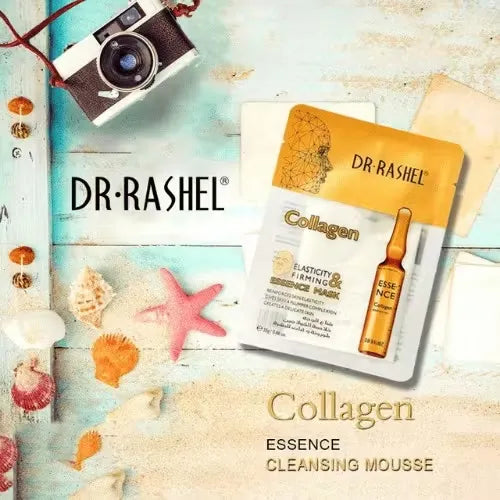 Box of Dr. Rashel Collagen Essence Masks (5 x 25g) with a luxurious, elegant design. Close-up of one mask featuring a woman with youthful, glowing skin.