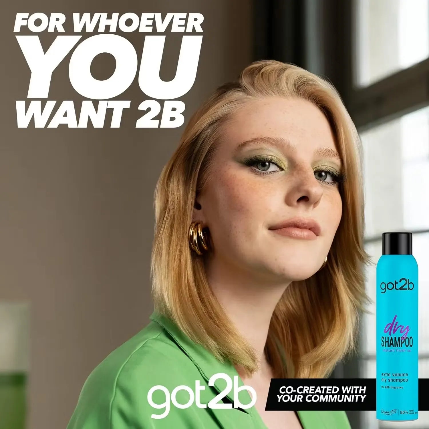 Black can of Schwarzkopf GOT2B Extra Volume Dry Shampoo (200ml) with a model flipping their hair and smiling.