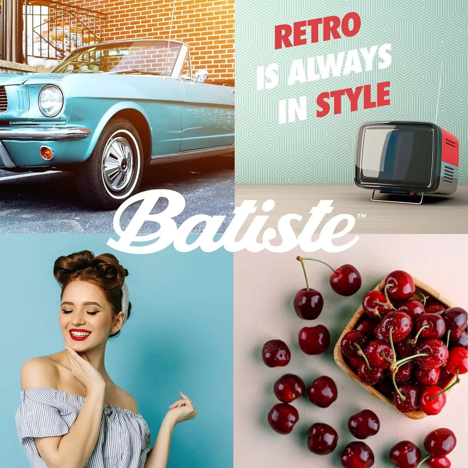 Pink and white can of Batiste Dry Shampoo in Cherry fragrance (200ml) with a burst of cherry graphics.