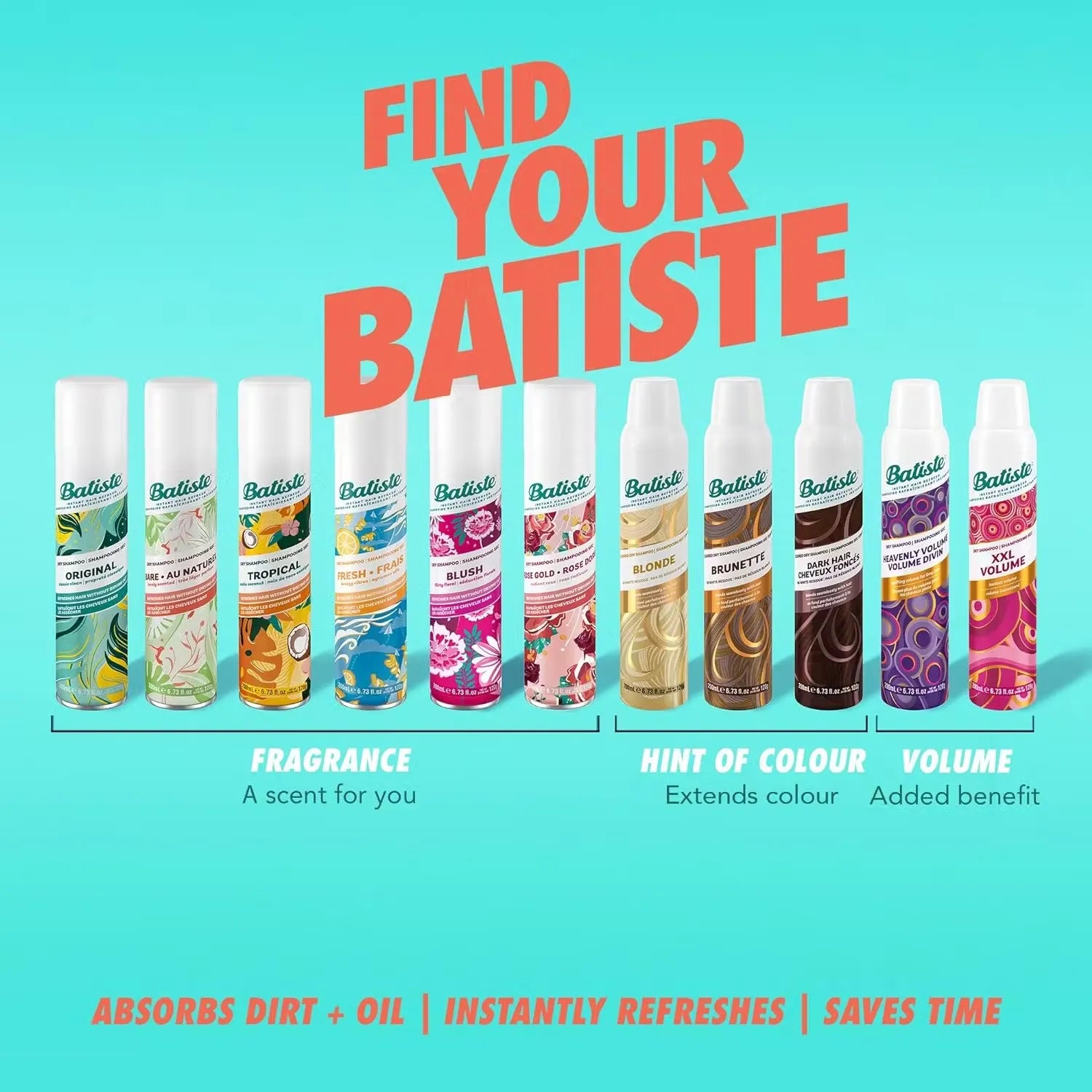 Pink and white can of Batiste Dry Shampoo in Cherry fragrance (200ml) with a burst of cherry graphics.