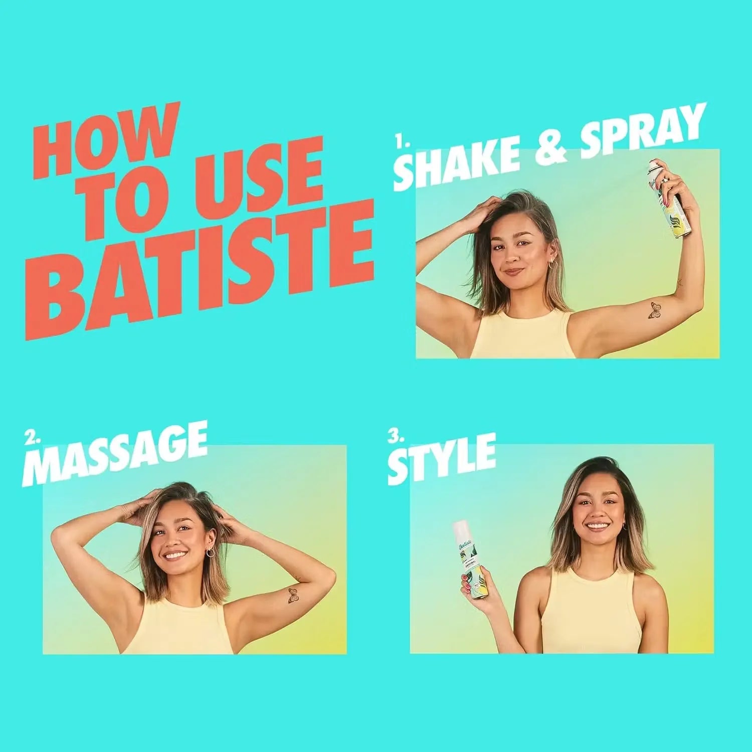 Pink and white can of Batiste Dry Shampoo in Cherry fragrance (200ml) with a burst of cherry graphics.