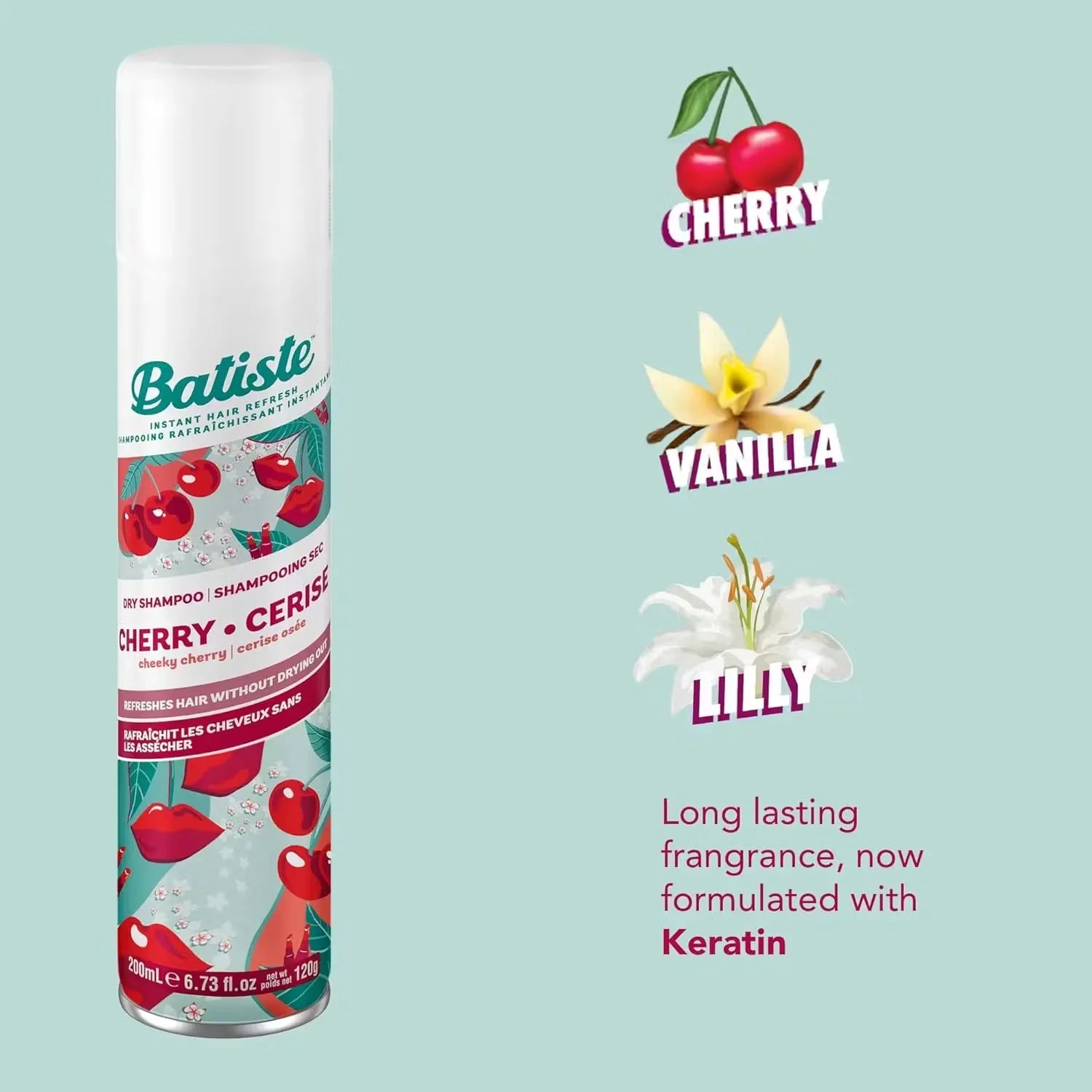 Pink and white can of Batiste Dry Shampoo in Cherry fragrance (200ml) with a burst of cherry graphics.