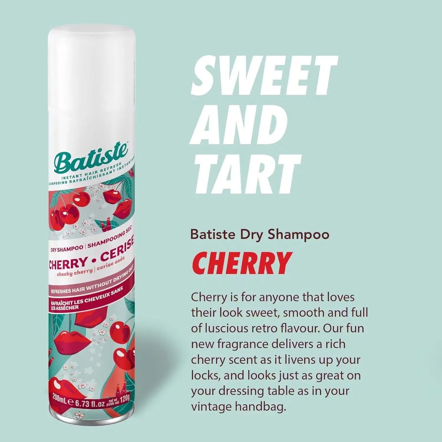 Pink and white can of Batiste Dry Shampoo in Cherry fragrance (200ml) with a burst of cherry graphics.