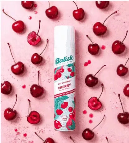 Pink and white can of Batiste Dry Shampoo in Cherry fragrance (200ml) with a burst of cherry graphics.
