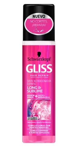 White and blue tube of Schwarzkopf Gliss Hair Repair treatment (200ml) with a damaged-looking hair strand transforming into a healthy, shiny strand.