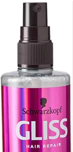 White and blue tube of Schwarzkopf Gliss Hair Repair treatment (200ml) with a damaged-looking hair strand transforming into a healthy, shiny strand.