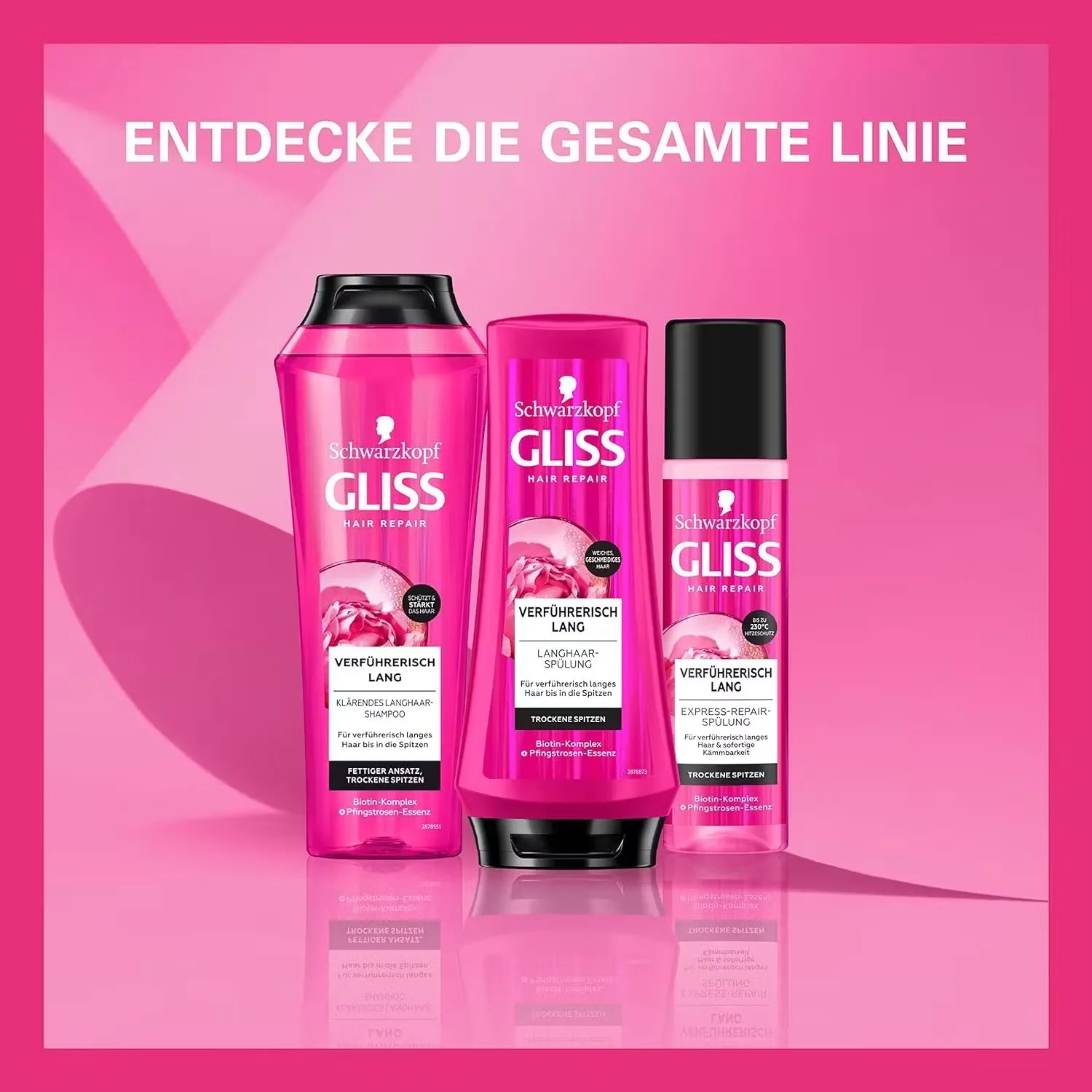 White and blue tube of Schwarzkopf Gliss Hair Repair treatment (200ml) with a damaged-looking hair strand transforming into a healthy, shiny strand.