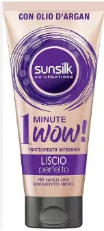 A bottle of Sunsilk Trattamento intensivo liscio perfetto 1 Minute WOW! hair treatment, with a woman with smooth, straight hair. Close-up of the hair treatment bottle, showing the product name and details. A woman applying the hair treatment to her hair, showing the product in use.