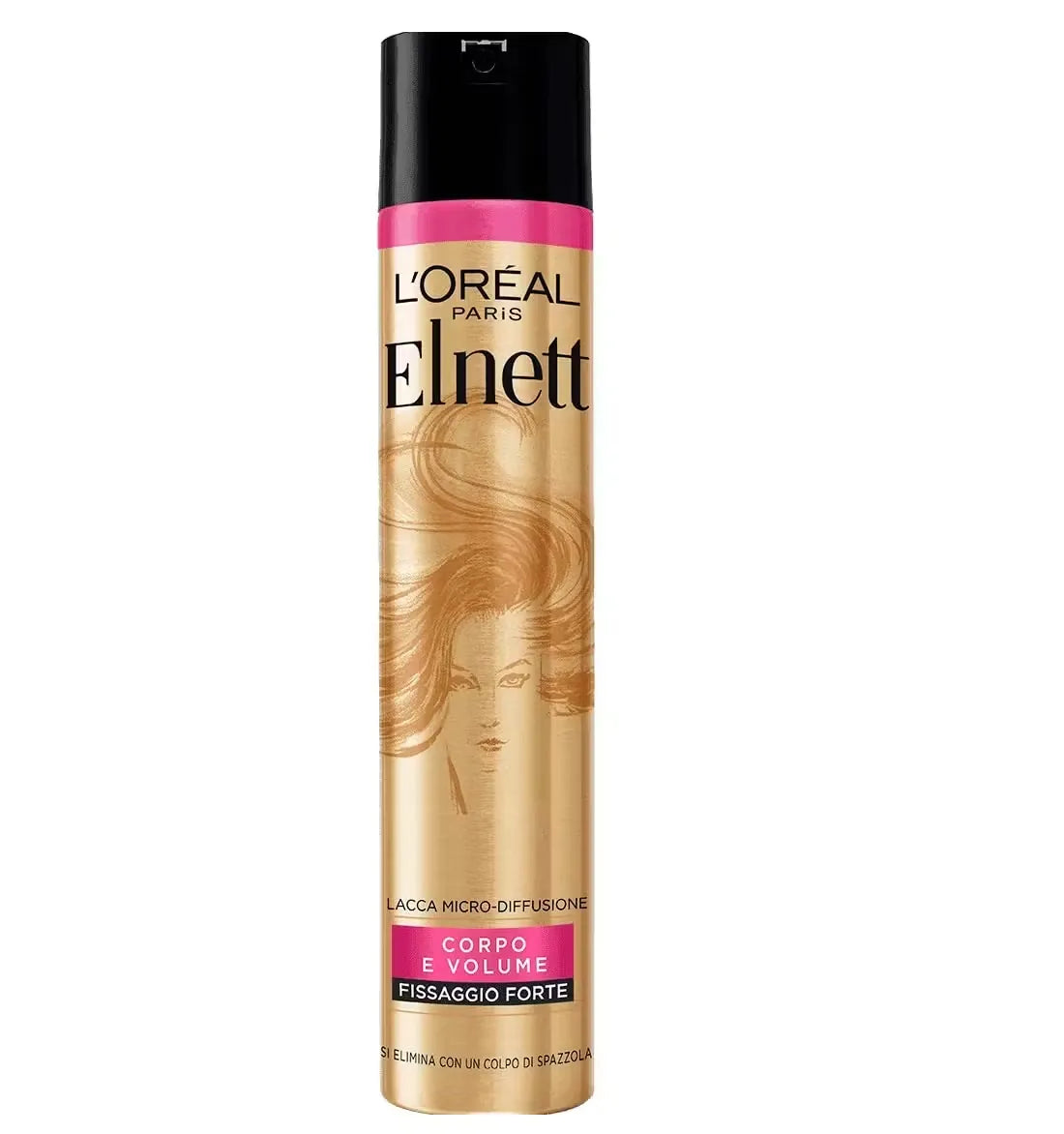 L'Oréal Paris Elnett Satin Micro-Diffusione hairspray bottle (250ml) with a pink and gold design. A woman with styled hair is holding the bottle, spraying it towards her hair.