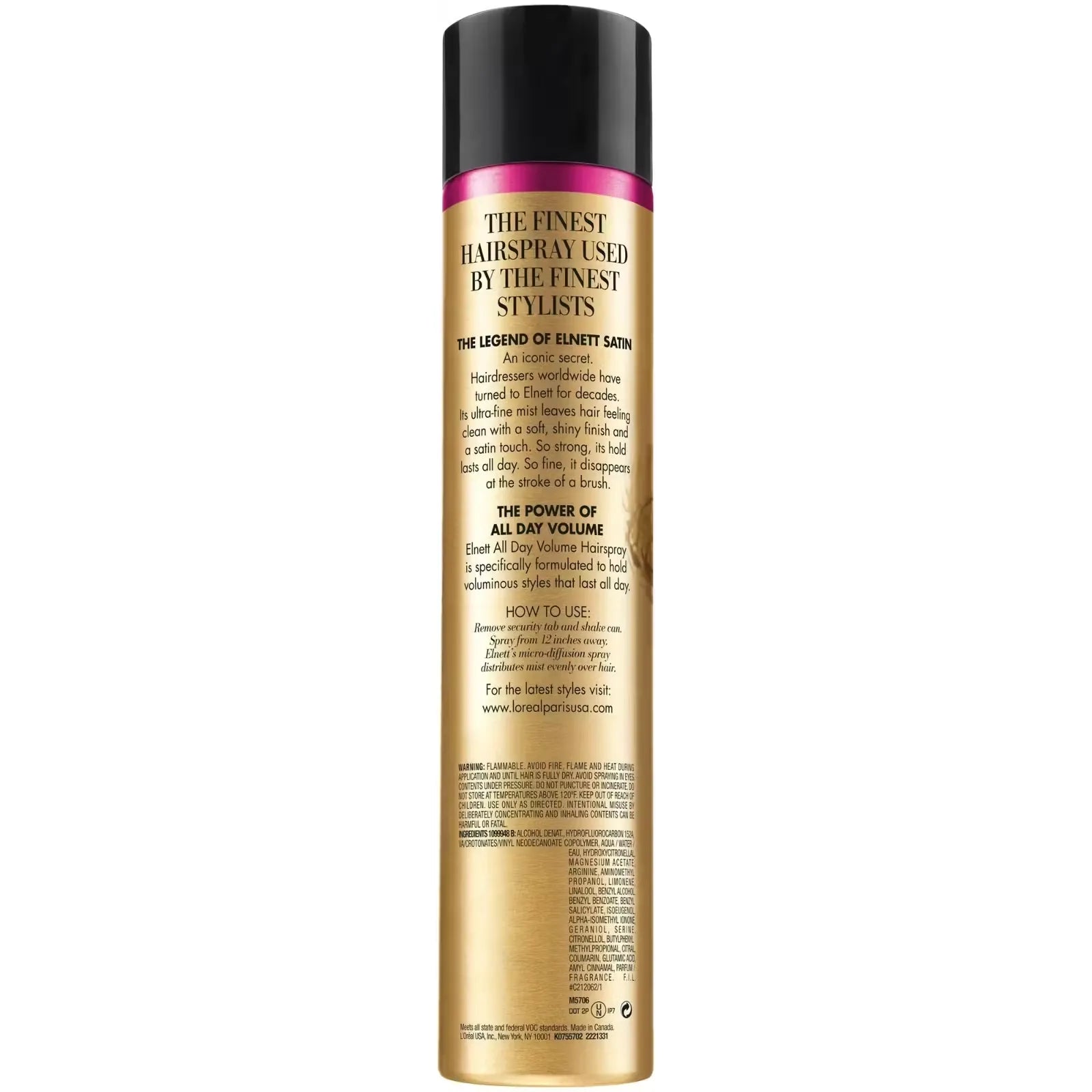 L'Oréal Paris Elnett Satin Micro-Diffusione hairspray bottle (250ml) with a pink and gold design. A woman with styled hair is holding the bottle, spraying it towards her hair.