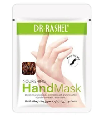 Close-up photo of a pair of hands wearing white Dr. Rashel Argan Oil Nourishing Hand Masks. Hands rest on a spa-like surface with calming elements like stones or greenery.