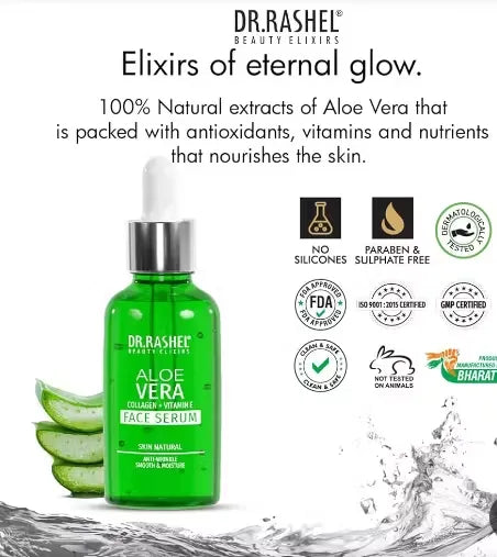 Close-up photo of a clear bottle with blue label and silver pump, dispensing Dr. Rashel Aloe Vera Soothe & Smooth Primer Serum onto a fingertip.