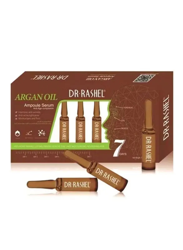 Box of Dr. Rashel Argan Oil Complexion Serum with 7 individual ampoules (2ml each). Close-up view of one ampoule with dropper.