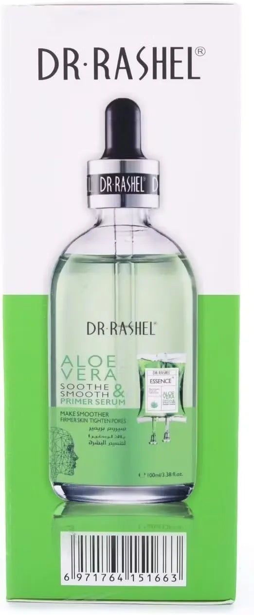 Close-up photo of a clear bottle with blue label and silver pump, dispensing Dr. Rashel Aloe Vera Soothe & Smooth Primer Serum onto a fingertip.