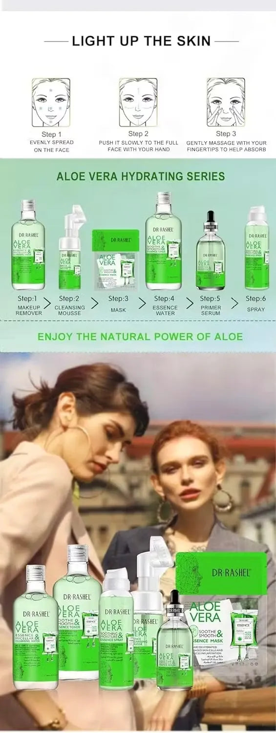 Close-up photo of a clear bottle with blue label and silver pump, dispensing Dr. Rashel Aloe Vera Soothe & Smooth Primer Serum onto a fingertip.