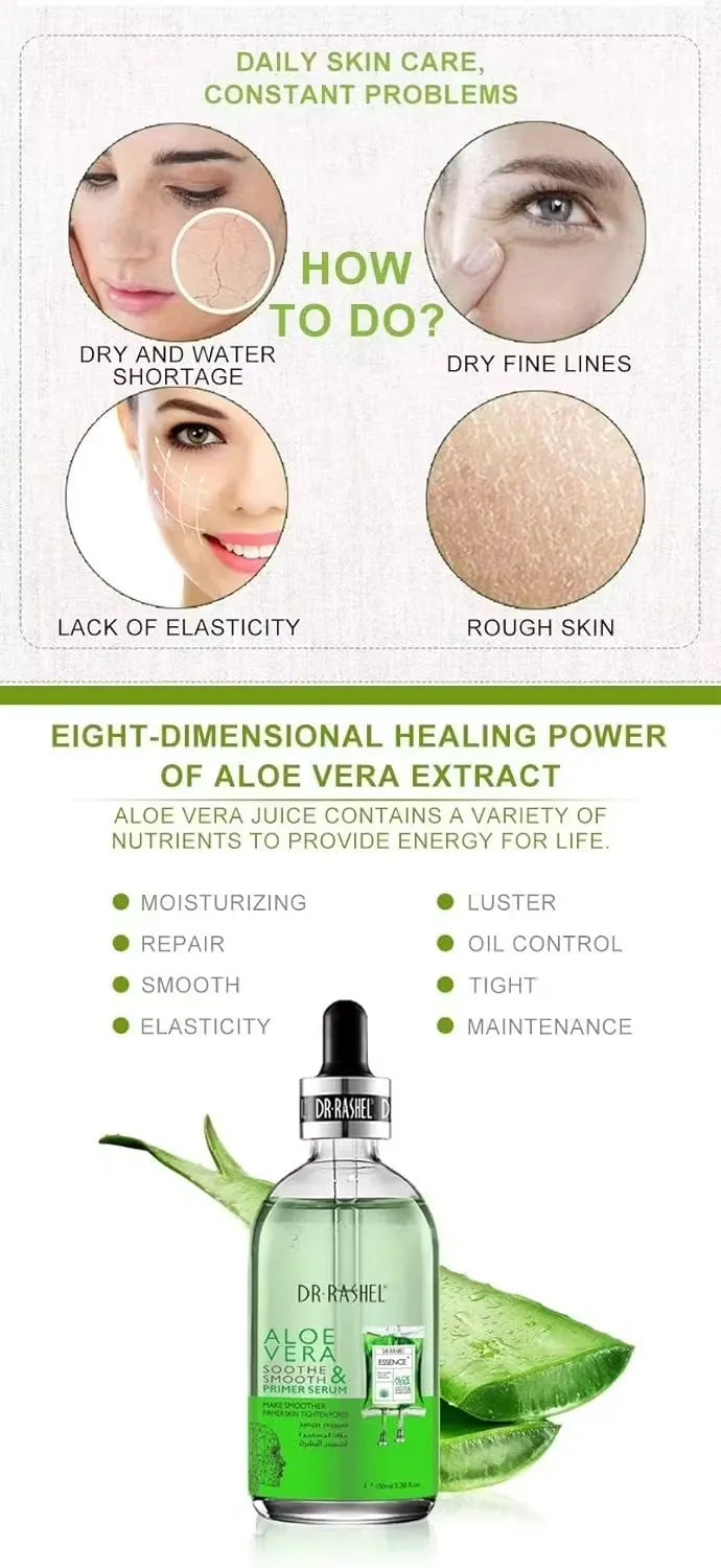 Close-up photo of a clear bottle with blue label and silver pump, dispensing Dr. Rashel Aloe Vera Soothe & Smooth Primer Serum onto a fingertip.