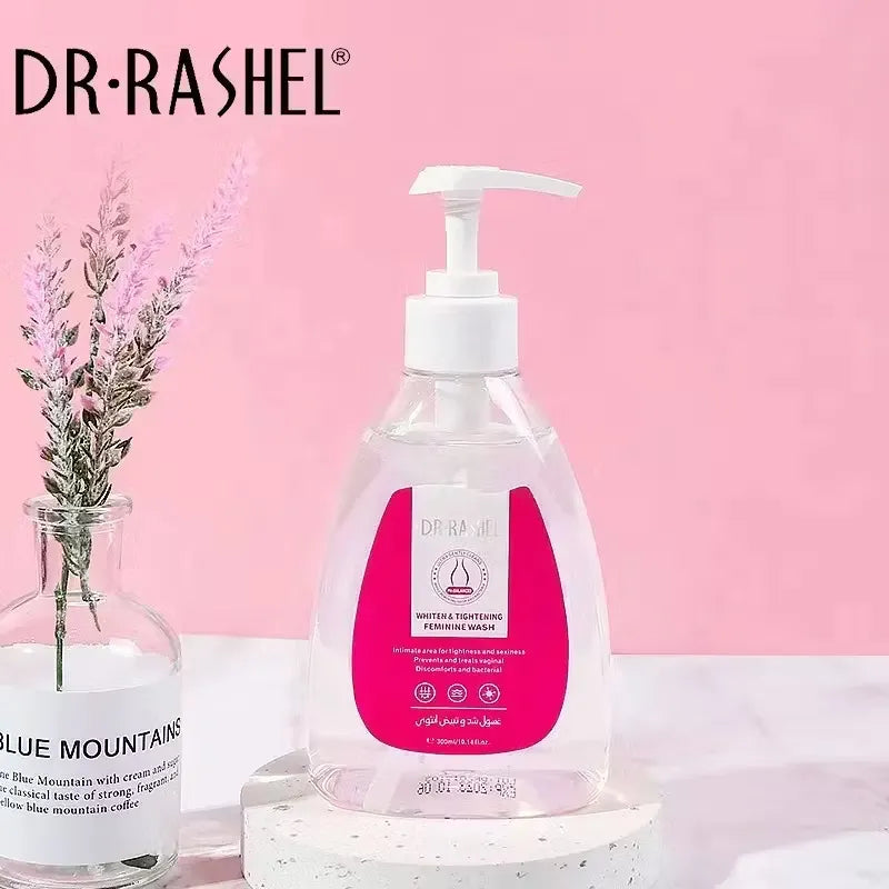 Dr. Rashel Feminine Wash (480ml) bottle with pump dispenser and gentle cleansing formula. Close-up of Dr. Rashel Feminine Wash bottle with ingredients and benefits listed on the label.