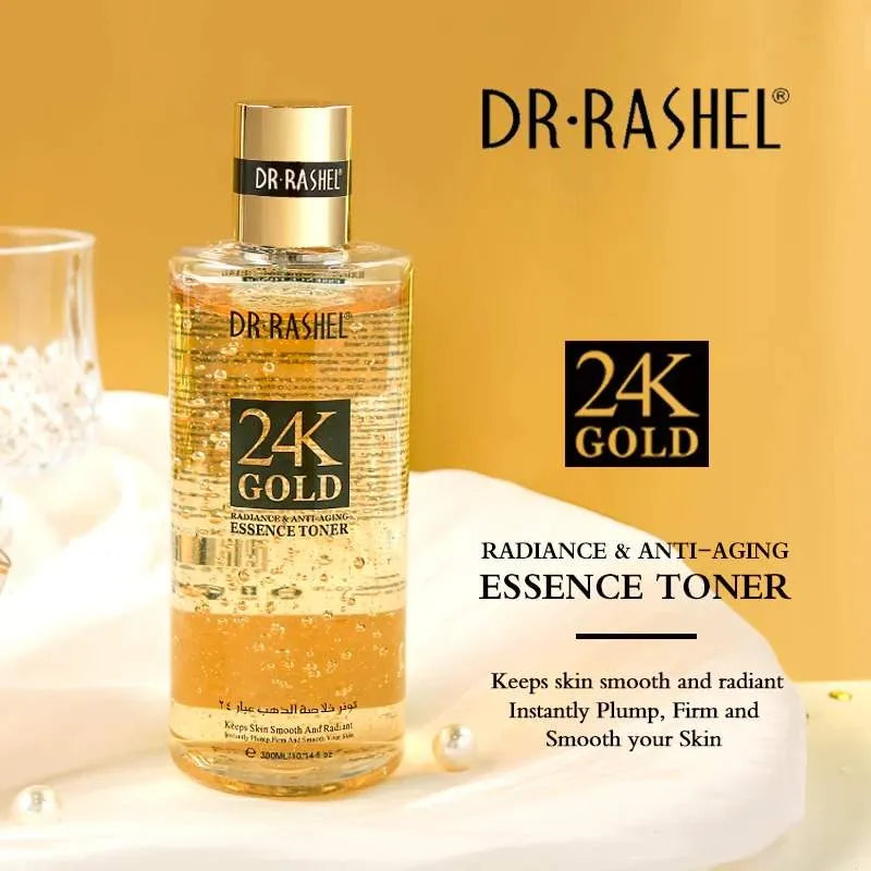 Luxurious gold bottle with dropper dispensing Dr. Rashel 24K Gold Radiance Essence Toner onto cotton pad. Text on bottle mentions "Anti-Aging Elegance" and "300ml". Close-up photo of glowing skin with water droplets, showcasing the hydrating benefits of the toner. Bottle of Dr. Rashel 24K Gold Radiance Essence Toner in the background.