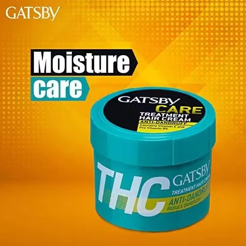 Jar of Gatsby Care Hair Cream (250g) with blue label and orange accents. Features a man using the cream to style his hair.