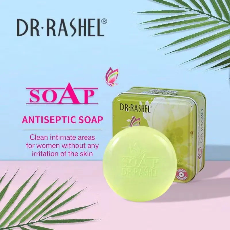 Dr. Rashel Antiseptic Lady Soap (100g) for gentle cleansing of sensitive areas. White bar of Dr. Rashel Antiseptic Lady Soap with green accents, lying on a white background.