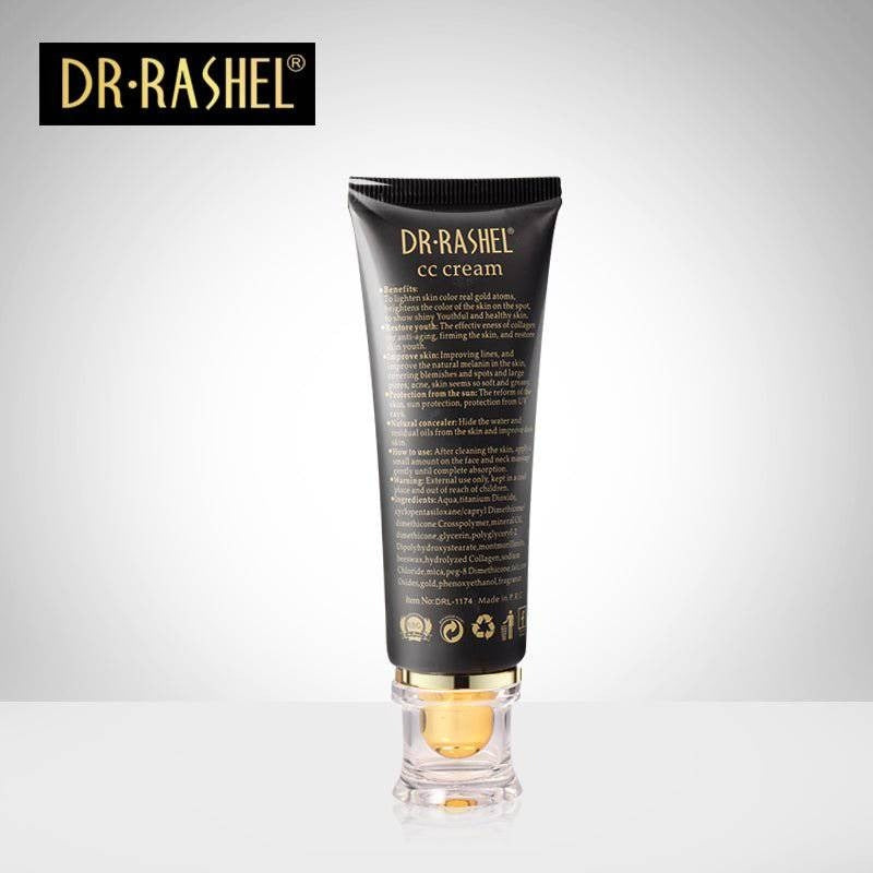 Close-up of Dr. Rashel 24K Gold CC Cream & Collagen Cover bottle (50ml) with gold accents and luxurious design. Features like "24K Gold" and "Collagen" highlighted.