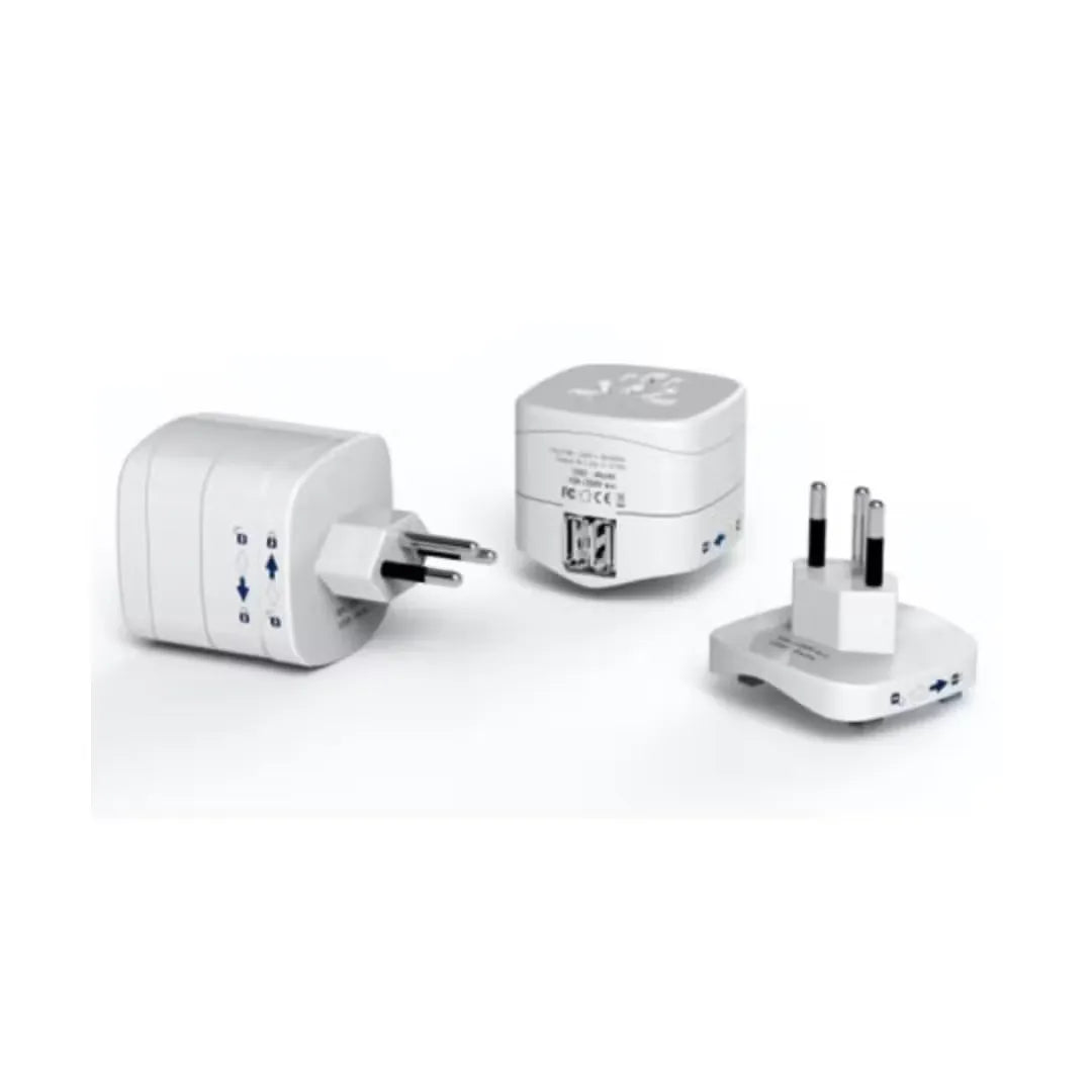 Travel Blue World to Switzerland adapter with two USB ports, ideal for charging multiple devices while traveling in Switzerland. Compact and lightweight adapter with grounded plug for safe and reliable connection.