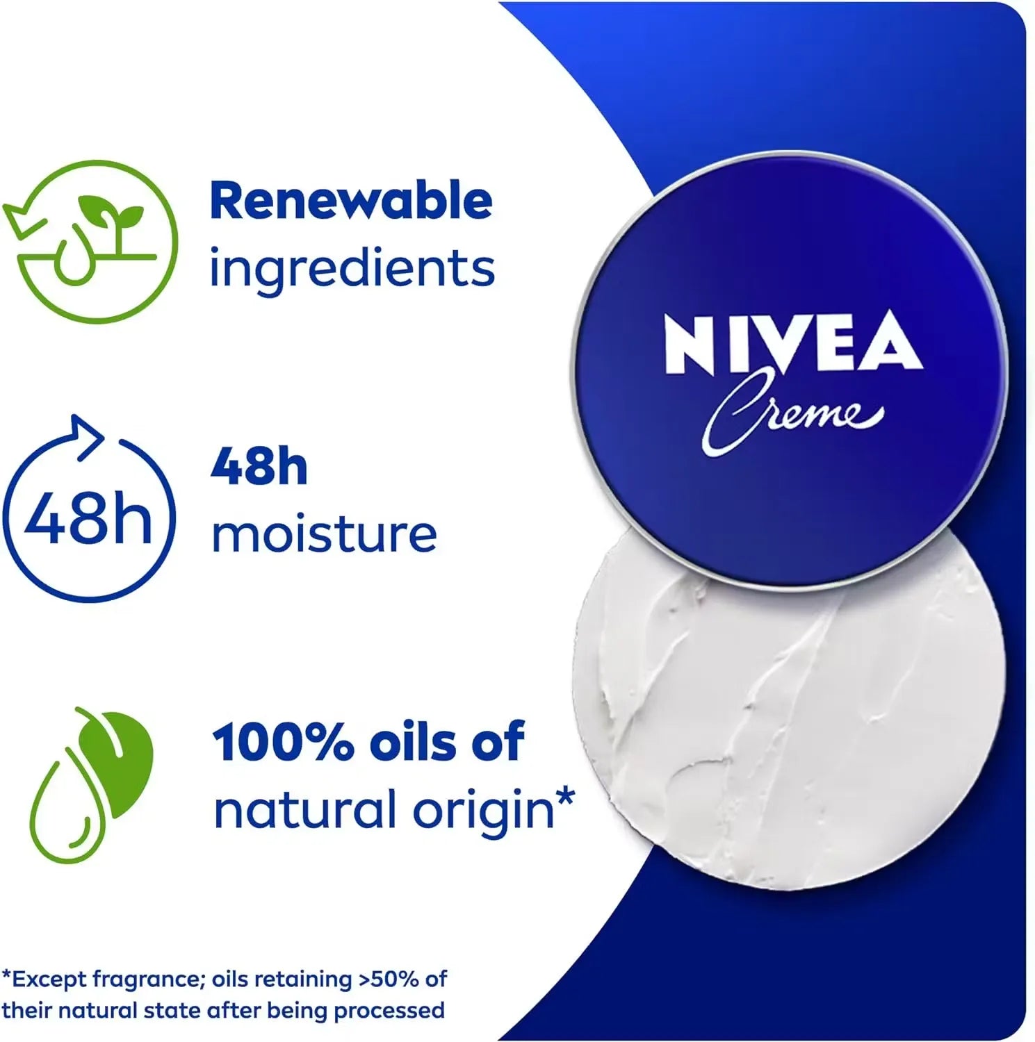 Close-up of a classic blue Nivea Creme tin (250ml) with a woman's hand opening it, revealing the creamy white moisturizer inside.