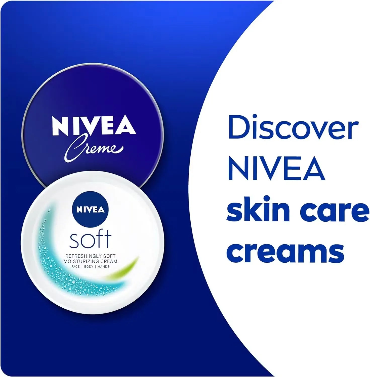 Close-up of a classic blue Nivea Creme tin (250ml) with a woman's hand opening it, revealing the creamy white moisturizer inside.