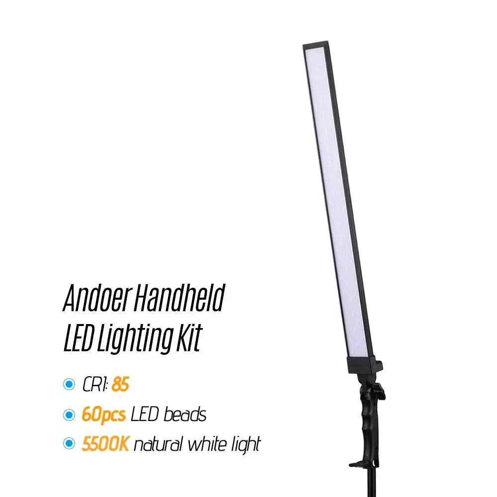 Andoer 60cm/23.6in tall LED video light with adjustable brightness and color temperature, illuminating a scene for professional-looking photos and videos.