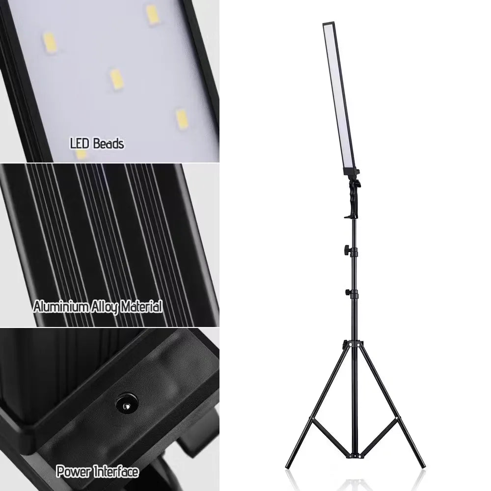 Andoer 60cm/23.6in tall LED video light with adjustable brightness and color temperature, illuminating a scene for professional-looking photos and videos.