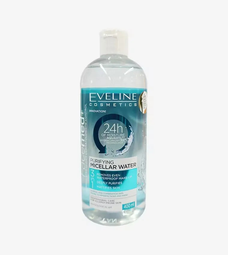 Close-up photo of a white plastic bottle with pink label, dispensing Eveline Purifying Micellar Water onto a cotton pad. Eveline Purifying Micellar Water 400ml bottle featuring gentle cleansing and revitalizing formula for refreshed, clean skin.