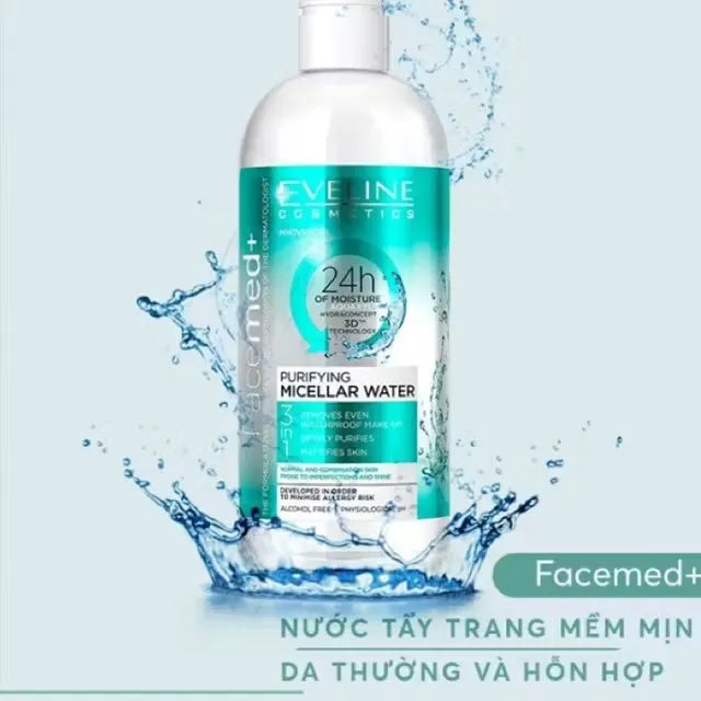 Close-up photo of a white plastic bottle with pink label, dispensing Eveline Purifying Micellar Water onto a cotton pad. Eveline Purifying Micellar Water 400ml bottle featuring gentle cleansing and revitalizing formula for refreshed, clean skin.