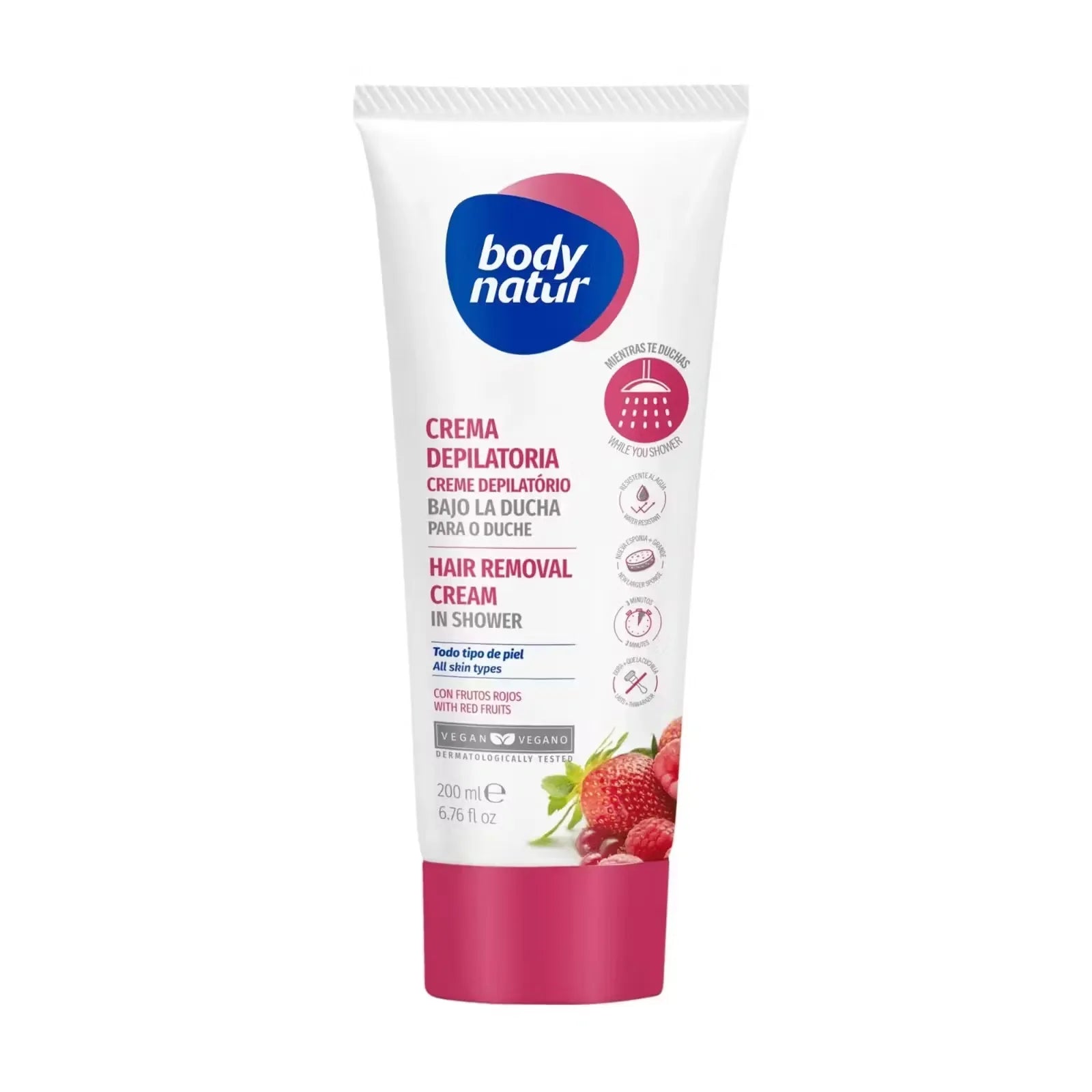 White tube of Body Natur Crema Hair Removal Cream (200ml) with pink accents and a woman's legs enjoying a shower in the background.