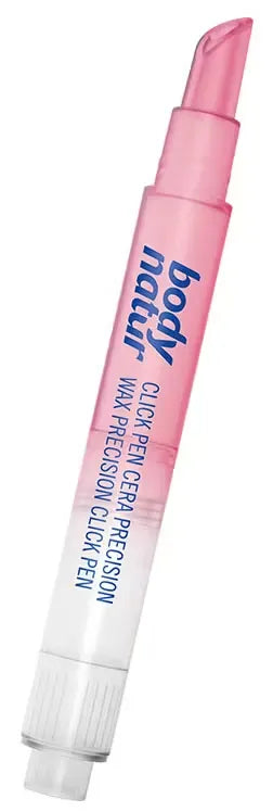 Close-up photo of a sleek, pink Body Natur Click Pen Wax applicator with a white cap. Highlighting the precision tip and smooth design.