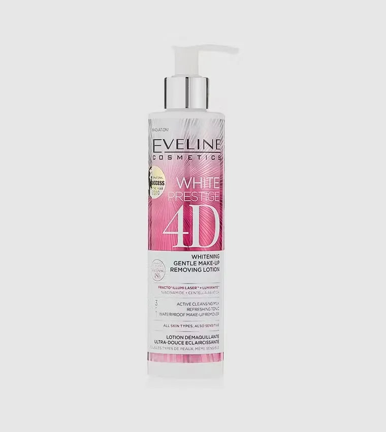 Pink bottle of Eveline White Prestige 4D Whitening Makeup Removing Lotion with pump dispenser, resting on a white background. Gentle, effective makeup remover suitable for all skin types, including waterproof makeup.