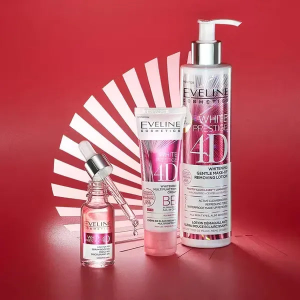 Pink bottle of Eveline White Prestige 4D Whitening Makeup Removing Lotion with pump dispenser, resting on a white background. Gentle, effective makeup remover suitable for all skin types, including waterproof makeup.