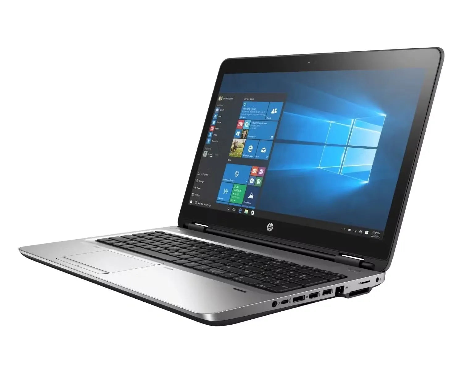 A silver HP ProBook 650 G3 laptop with a black keyboard and a 15.6 inch display. The laptop is closed and rests on a white surface.