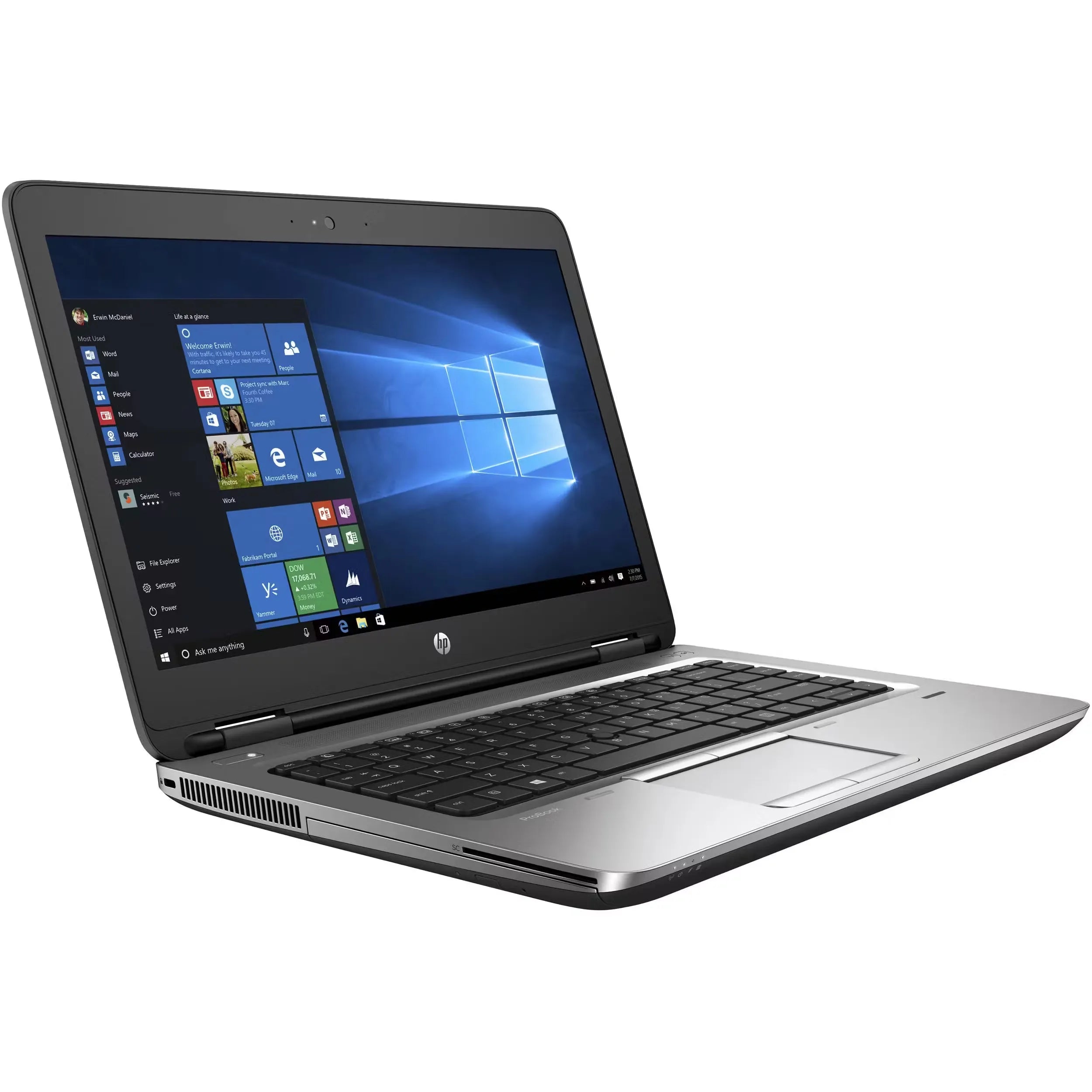 A silver HP ProBook 650 G3 laptop with a black keyboard and a 15.6 inch display. The laptop is closed and rests on a white surface.