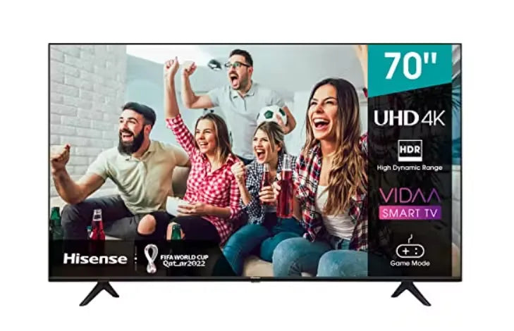 Hisense 70-inch 4K UHD Smart TV (70A6GE) with vibrant colors on a large screen, perfect for immersive home entertainment. Close-up view of Hisense 70A6GE TV displaying a movie scene with sharp details and Dolby Vision HDR technology. Lifestyle image of a family gathered around the Hisense 70A6GE TV, enjoying a movie night together.