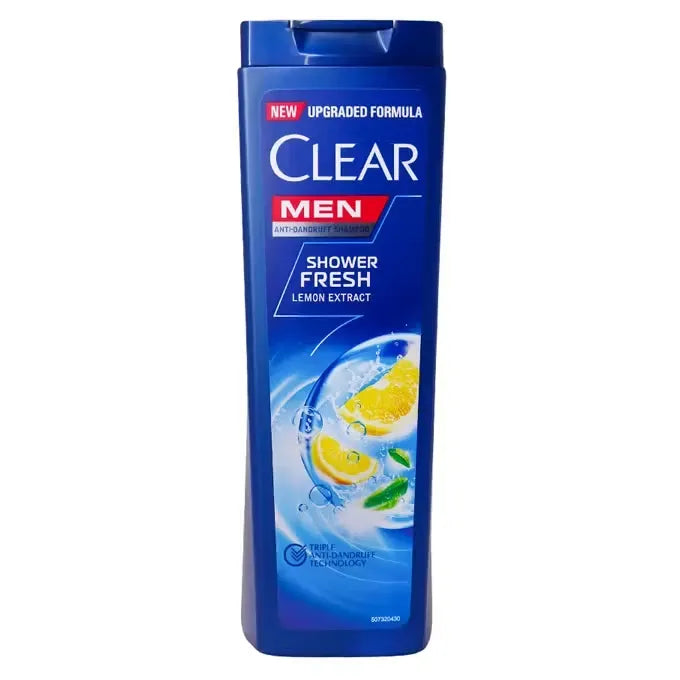 Blue bottle of Clear Men's Refreshing Anti-Dandruff Shampoo (380ml) with pump dispenser and refreshing menthol scent.