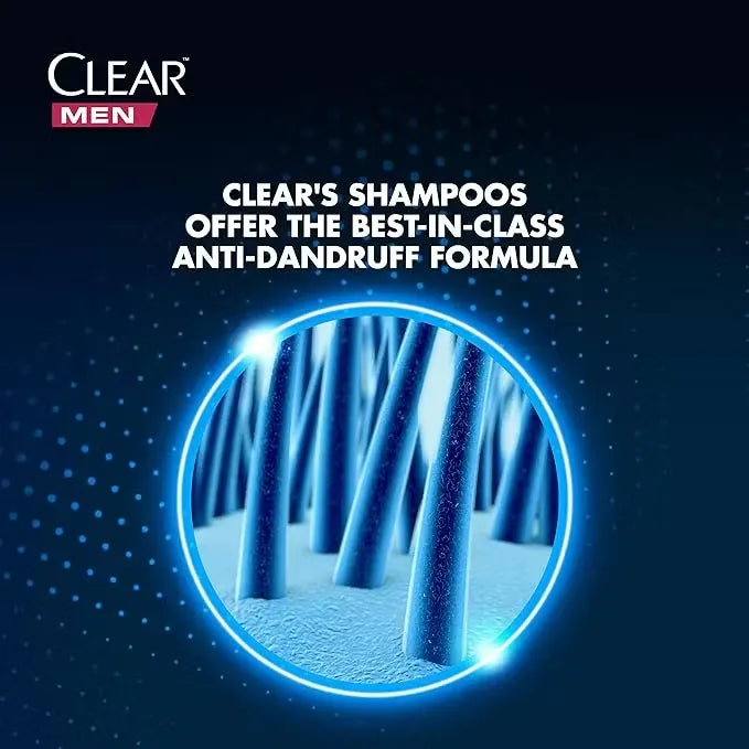Blue bottle of Clear Men's Refreshing Anti-Dandruff Shampoo (380ml) with pump dispenser and refreshing menthol scent.